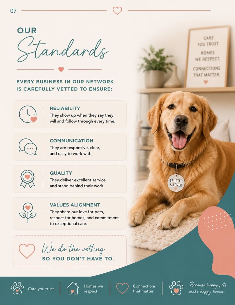 Golden Retriever wearing trust and loved tag, displayed with business standards icons for reliability, communication, quality, and values alignment.