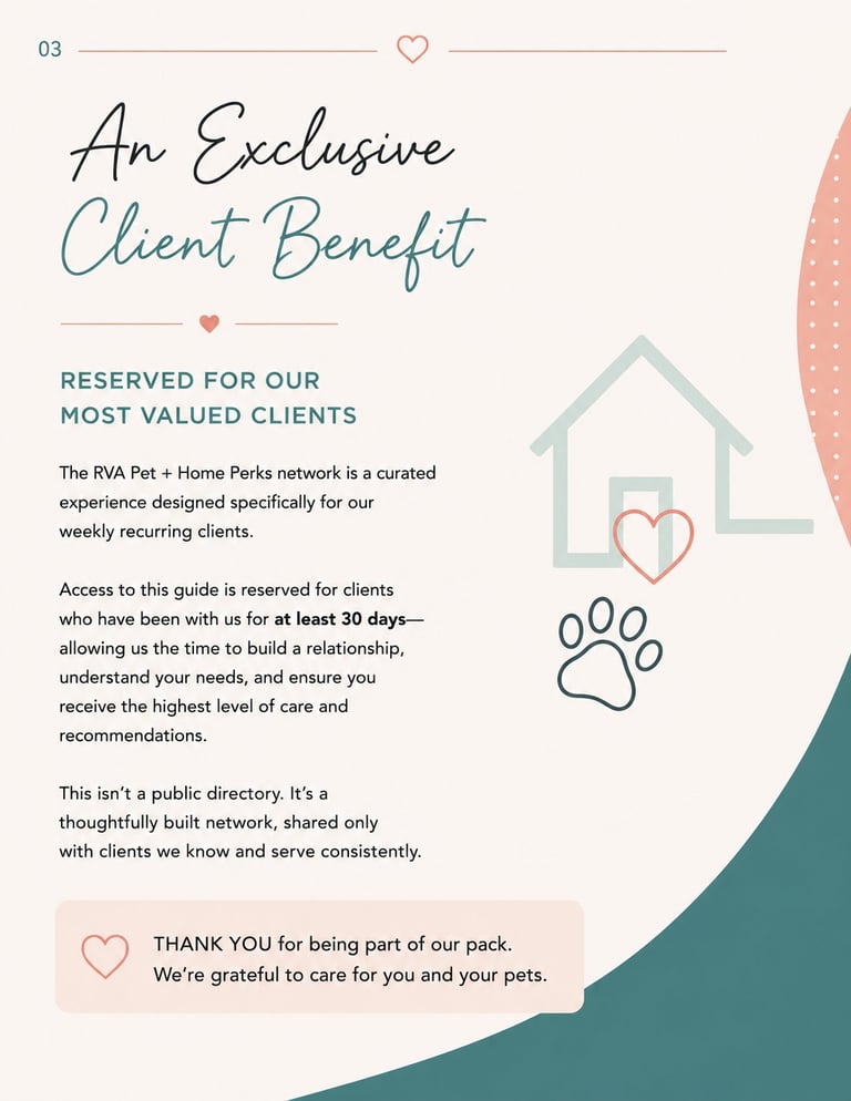 Exclusive client benefit page describing the RVA Pet and Home Parks network reserved for valued clients with at least 30 days of service history