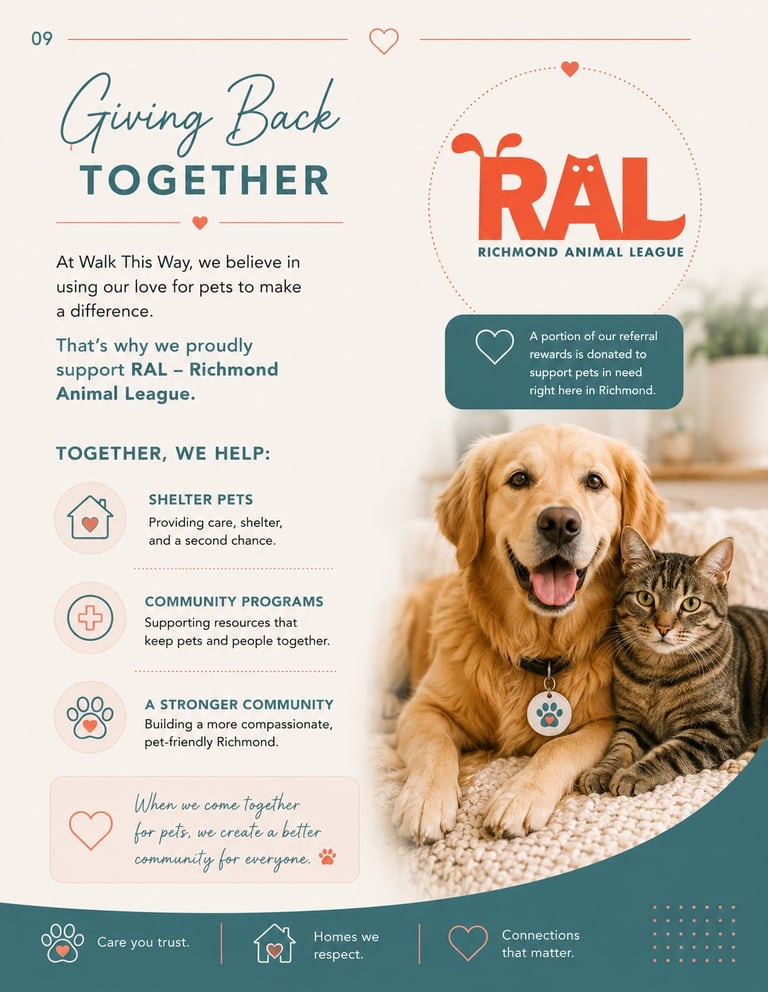 RAL charity flyer showing golden retriever and tabby cat together, promoting community support for pets in Richmond