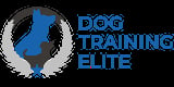 Dog Training Elite logo featuring a blue silhouette of a dog surrounded by laurel wreaths