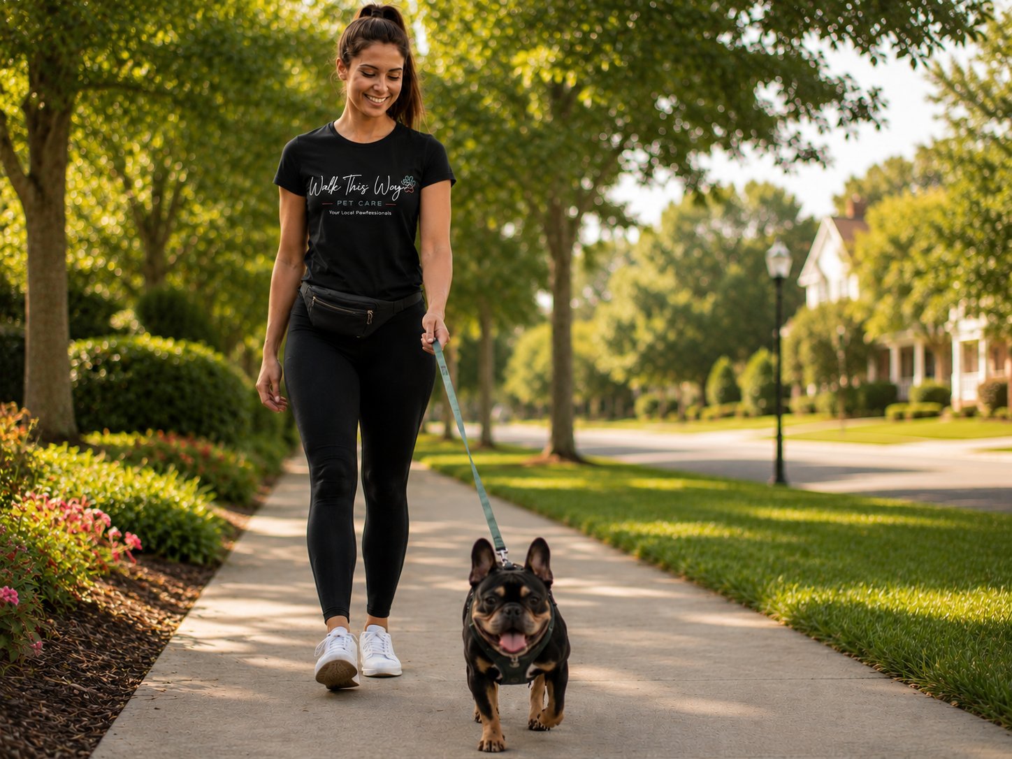 Woman jogging on a tree-lined path with a black dog in a residential neighborhood