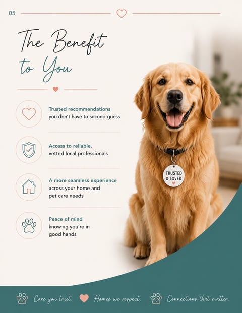 Golden Retriever wearing a Trusted and Loved tag, displayed next to text describing pet care benefits including trusted recommendations and access to local professionals.