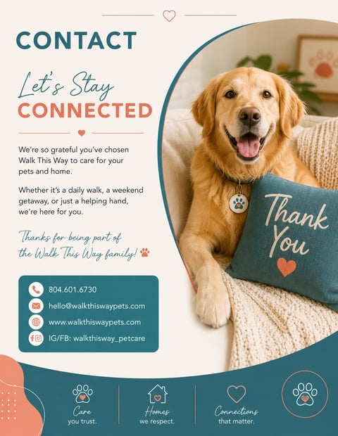 Golden Retriever holding a thank you card on a couch with contact information and pet care services text