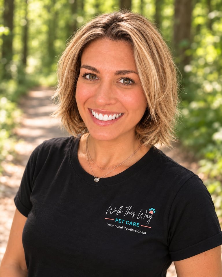 Woman smiling outdoors wearing a black Walk This Way Pet Care shirt with forest path background