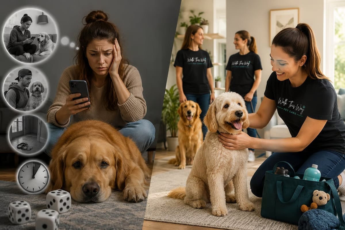 Split image showing a stressed woman with a dog on the left and a dog care service with staff helping clients dogs on the right