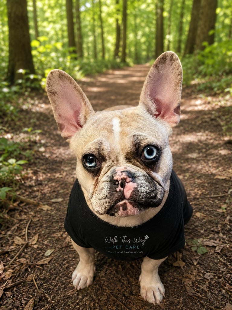 French Bulldog with tongue out wearing black pet care shirt on forest trail path