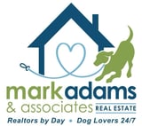 Mark Adams & Associates Real Estate logo featuring a house with a heart, dog silhouette, and tagline Realtors by Day, Dog Lovers 24/7
