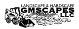 Landscape and hardscape company logo for GMScapes LLC featuring a skid steer loader with rocks and grass illustration