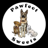 Pawfect Sweets logo featuring three dogs - a service dog with a vest, a brown dog, and a white fluffy dog on a white circular badge