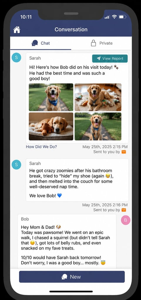 Smartphone screen showing a conversation thread between Sarah and Bob about Bob the dogs visit, with four photos of a golden retriever and chat messages.