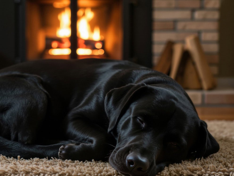 Dog sleeping in front of fireplace