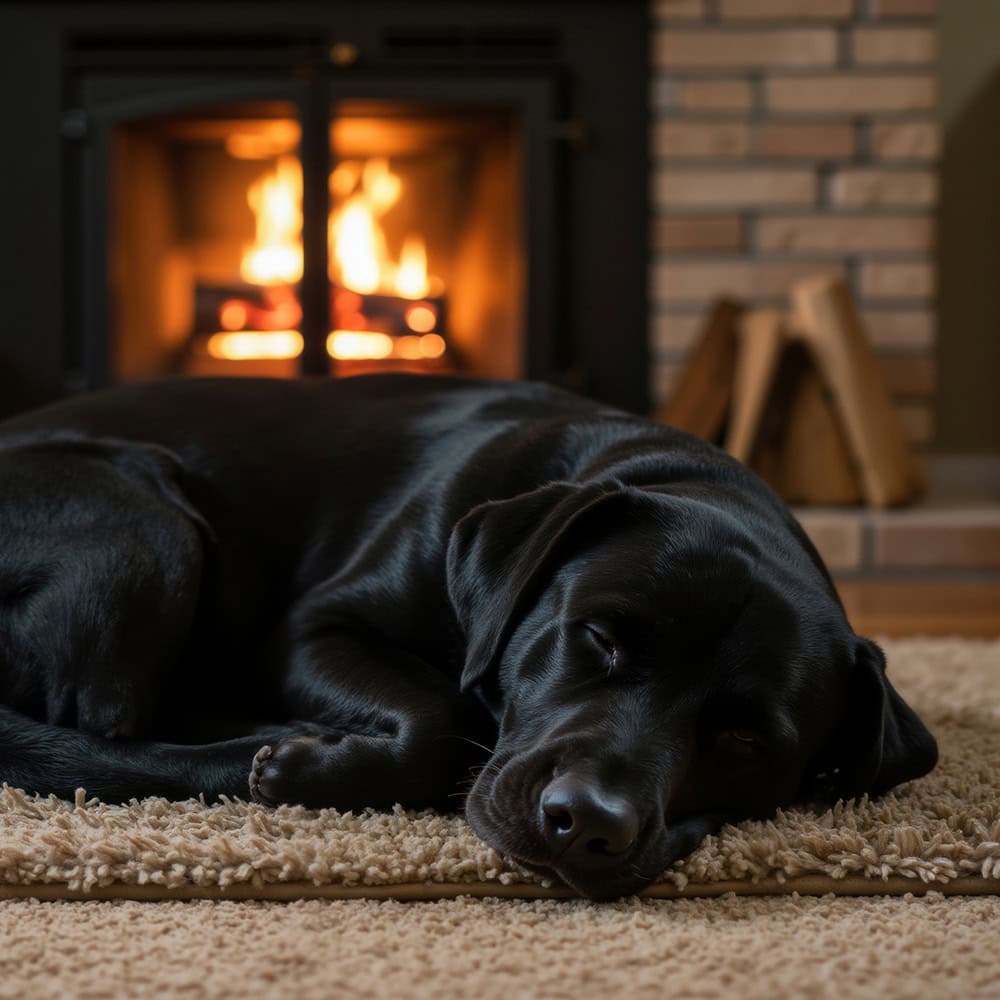 Dog sleeping in front of fireplace